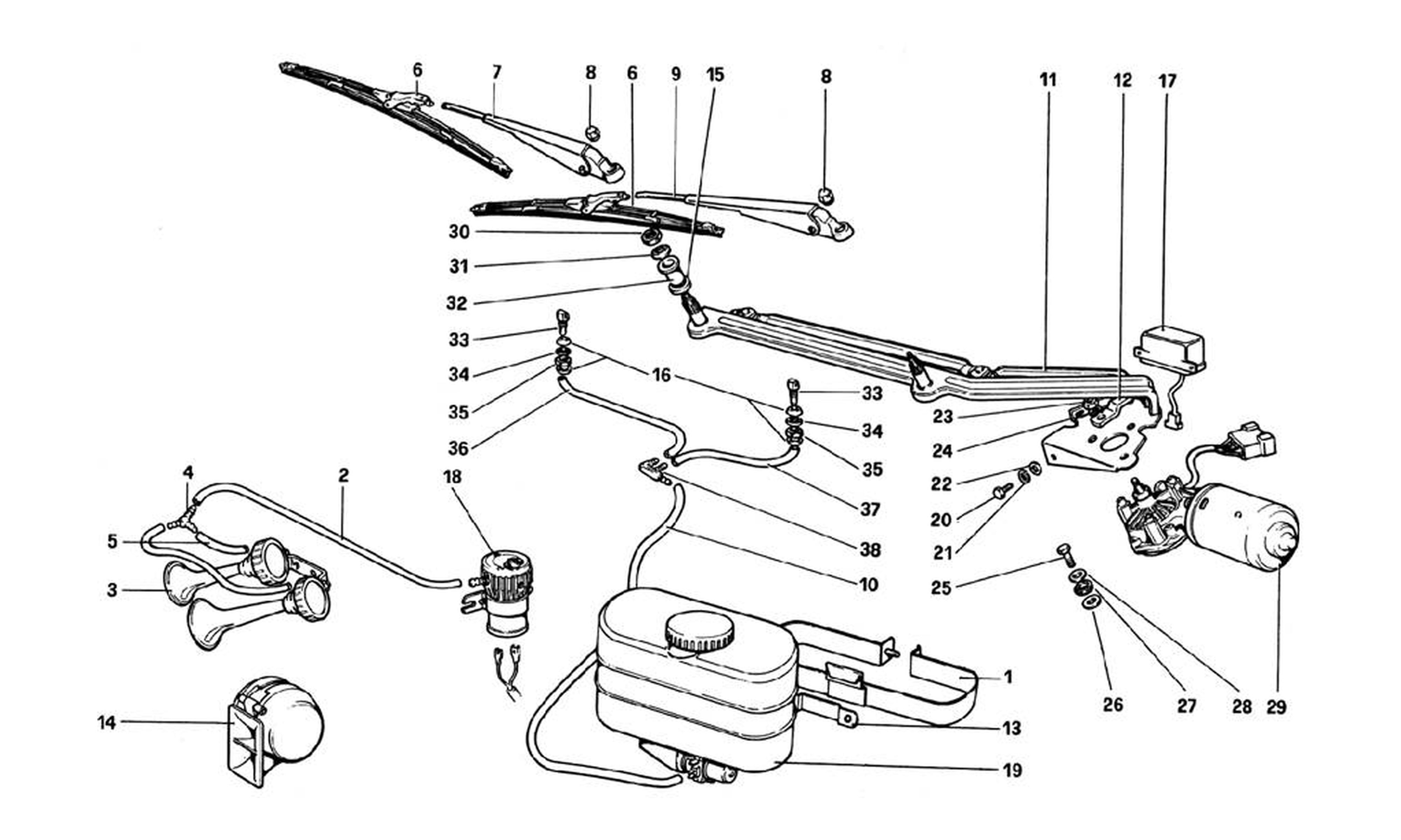 Schematic: Windshield Wiper, Washer And Horn (Variants For Rhd - Aus Versions)