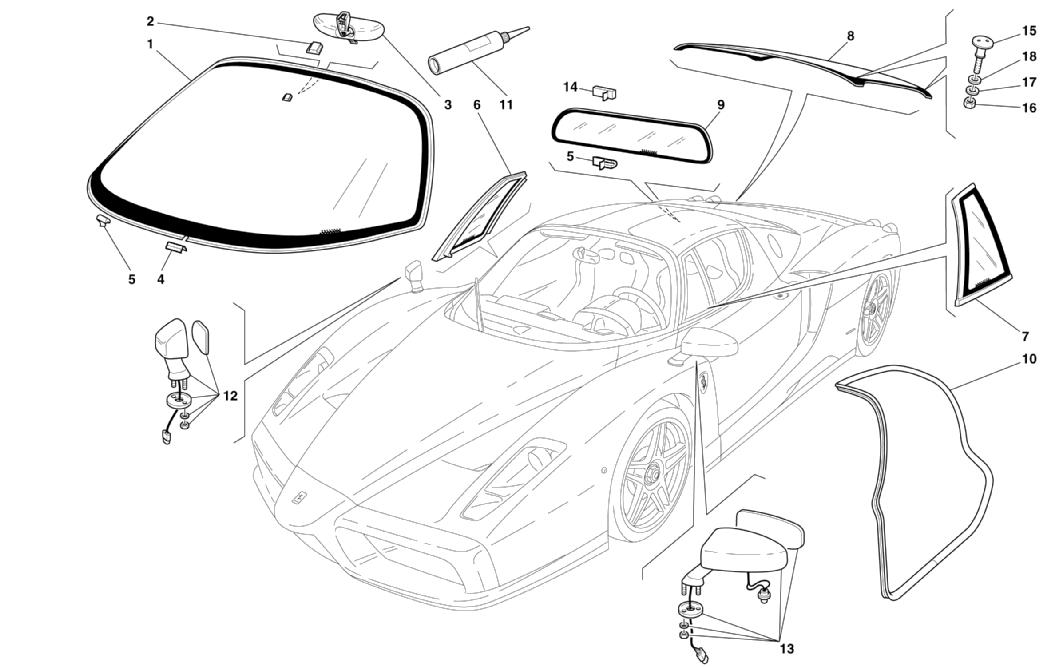 Schematic: Glasses, Gaskets And Rear View Mirrors